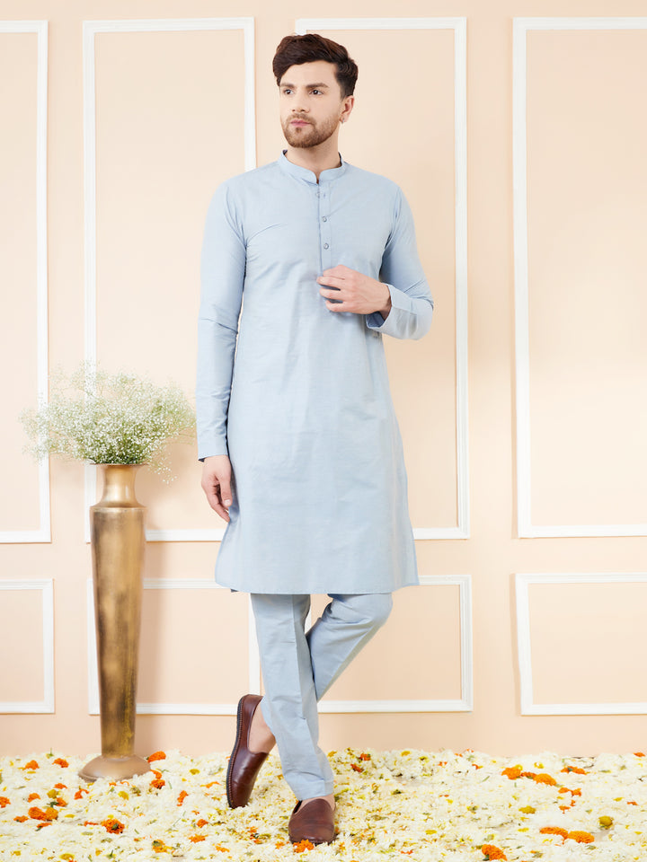 Blue Cotton Solid Straight Kurta with Matching Pyjama
