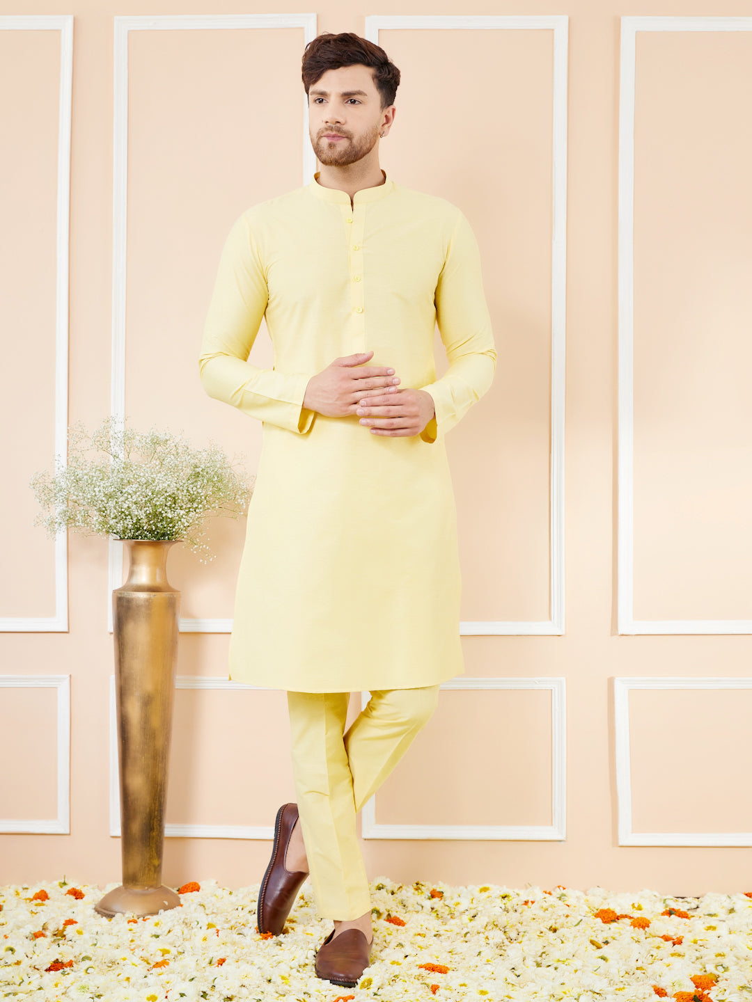 Yellow Cotton Solid Straight Kurta with Matching Pyjama