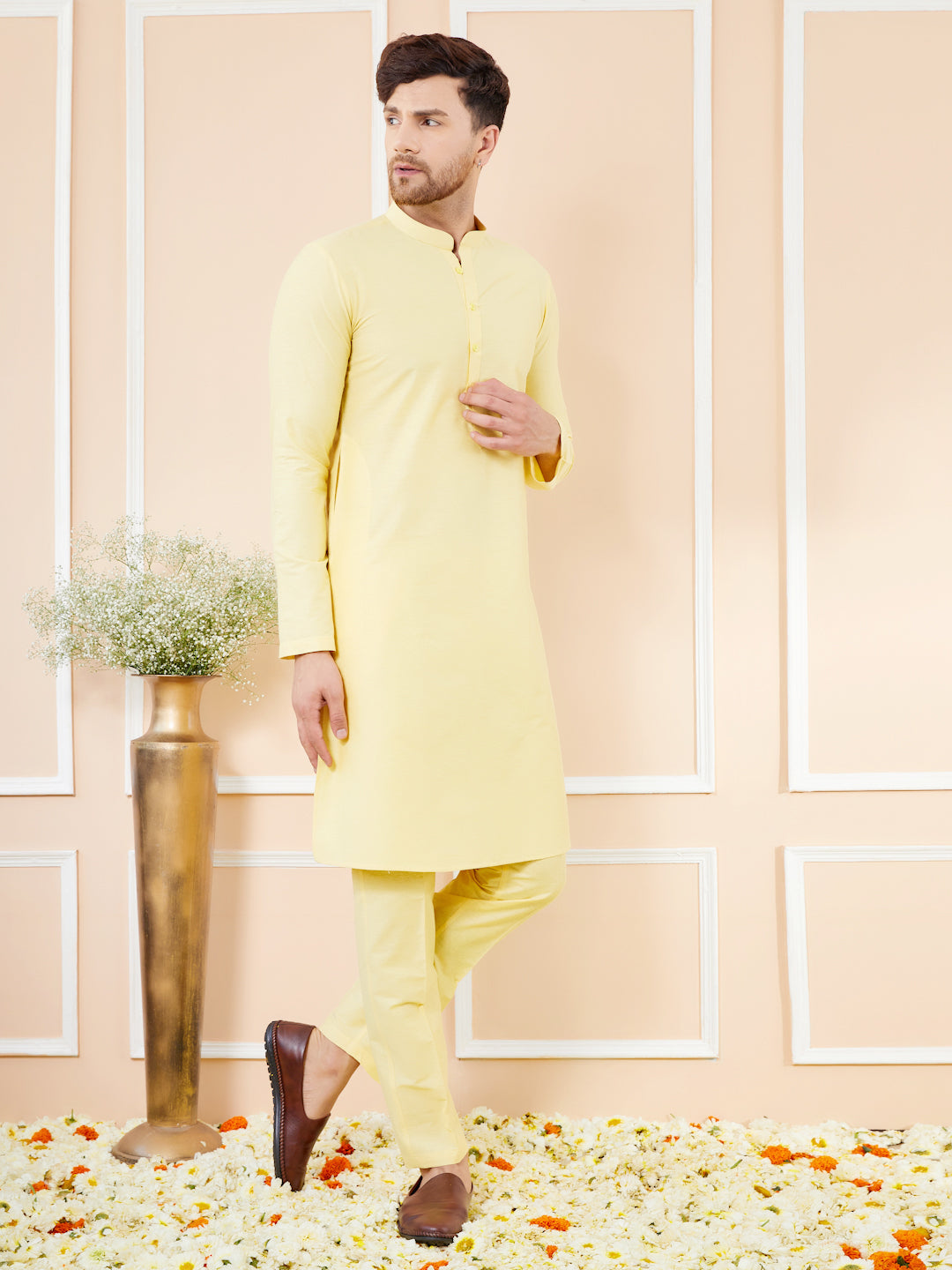Yellow Cotton Solid Straight Kurta with Matching Pyjama