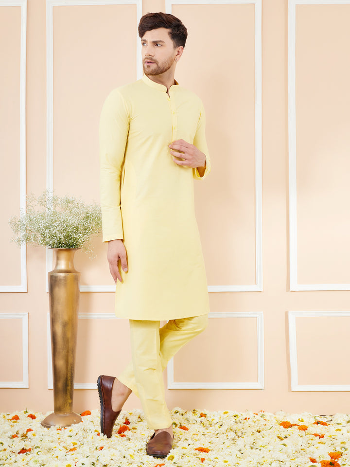 Yellow Cotton Solid Straight Kurta with Matching Pyjama