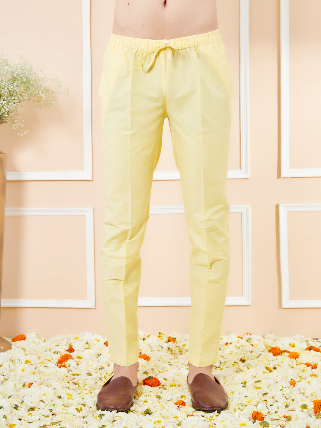 Yellow Cotton Solid Straight Kurta with Matching Pyjama