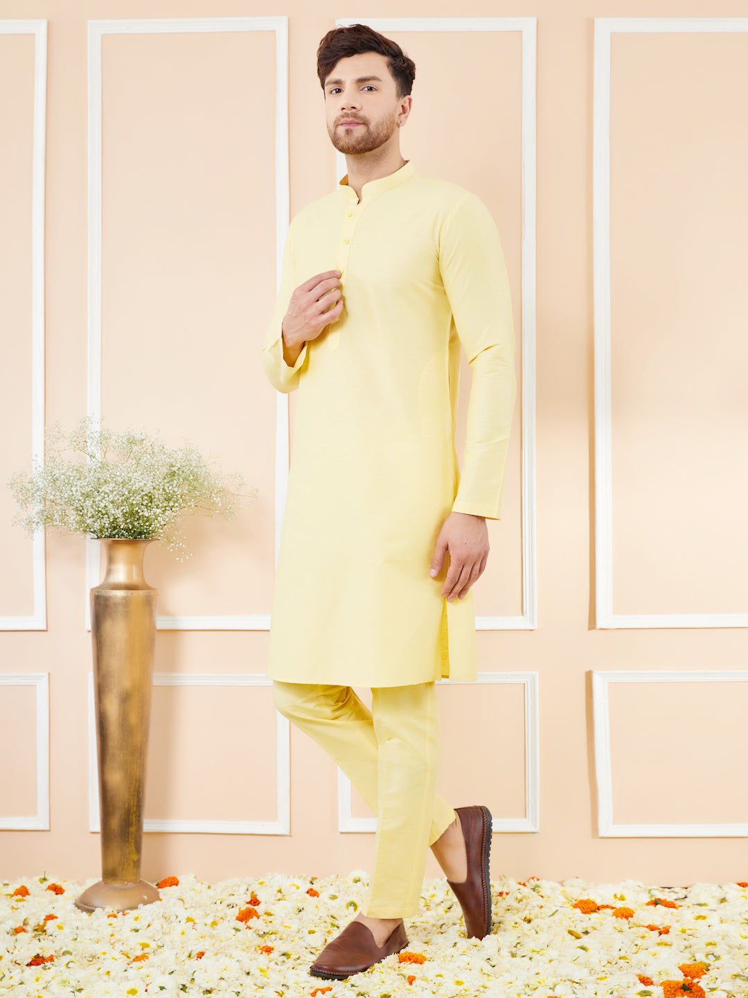 Yellow Cotton Solid Straight Kurta with Matching Pyjama
