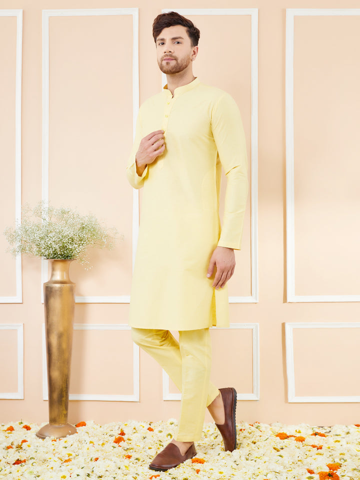 Yellow Cotton Solid Straight Kurta with Matching Pyjama