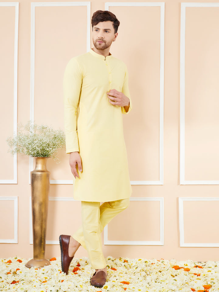 See Design Men Yellow Cotton Straight Kurta