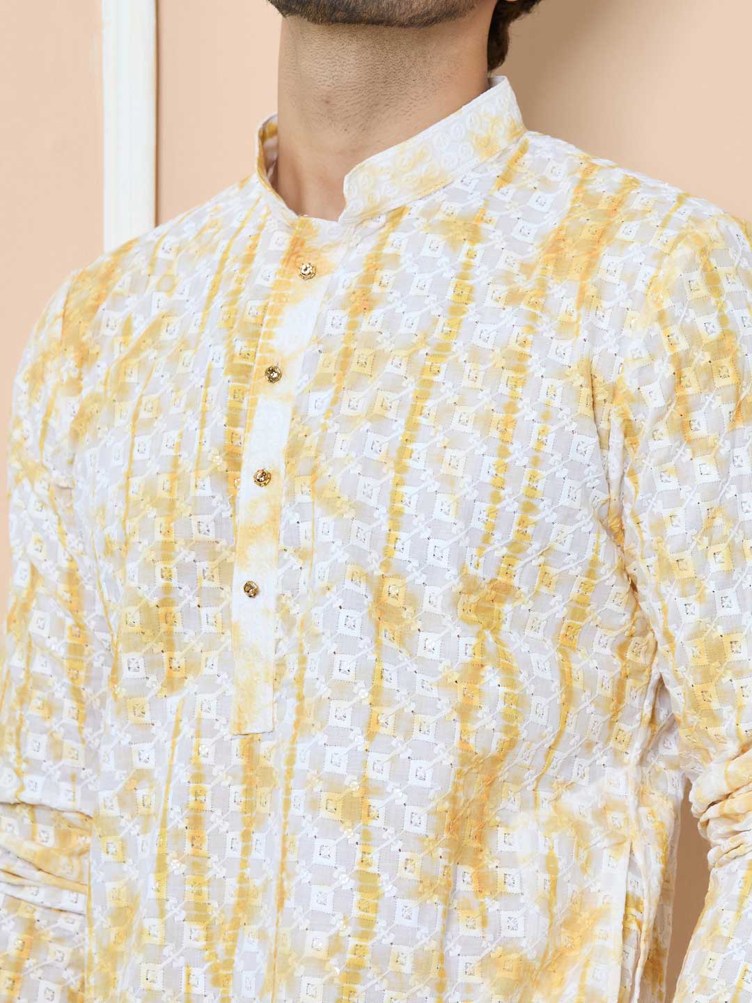 Yellow Tie & Dye Printed & Embroidered Cotton Straight Kurta with Pyjama