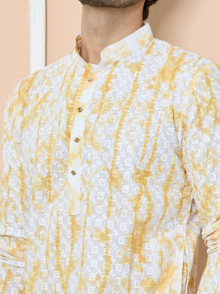 Yellow Tie & Dye Printed & Embroidered Cotton Straight Kurta with Pyjama