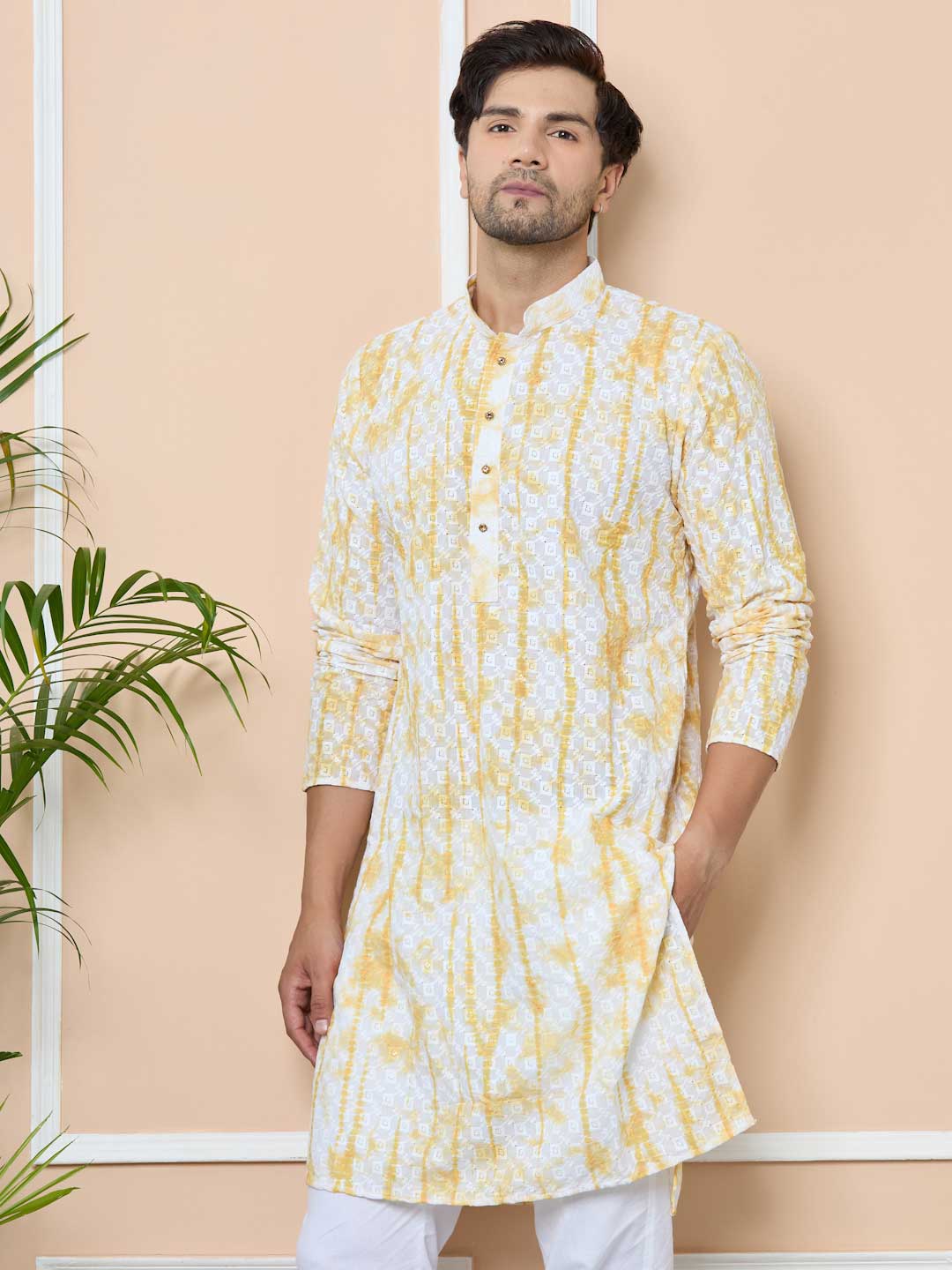 Yellow Tie & Dye Printed & Embroidered Cotton Straight Kurta with Pyjama