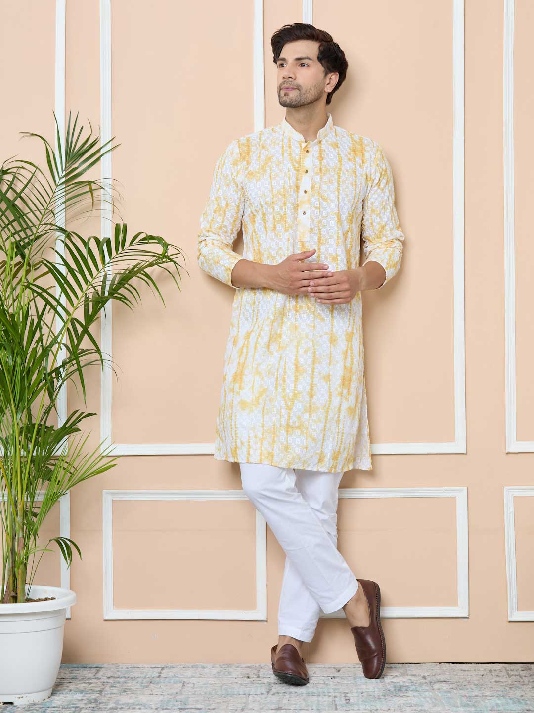 Yellow Tie & Dye Printed & Embroidered Cotton Straight Kurta with Pyjama
