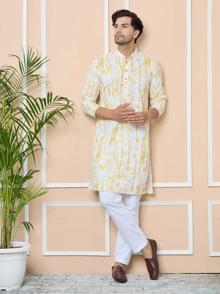Yellow Tie & Dye Printed & Embroidered Cotton Straight Kurta with Pyjama