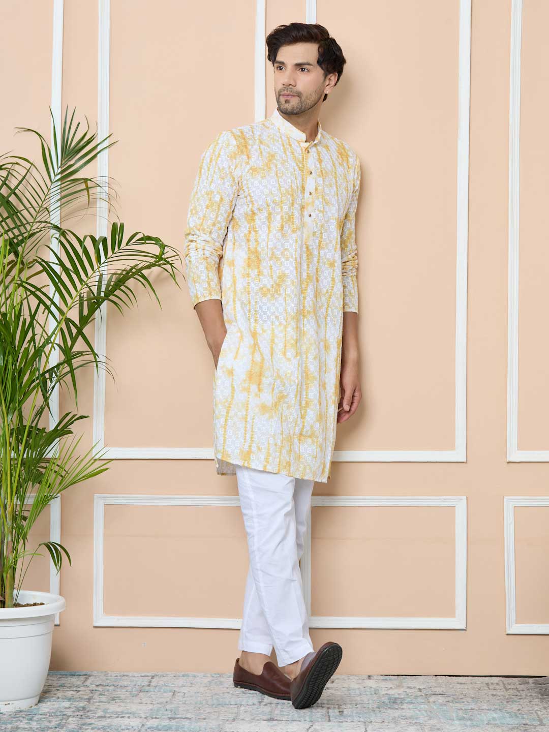 Yellow Tie & Dye Printed & Embroidered Cotton Straight Kurta with Pyjama