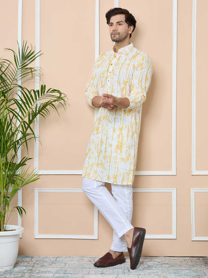 Yellow Tie & Dye Printed & Embroidered Cotton Straight Kurta with Pyjama