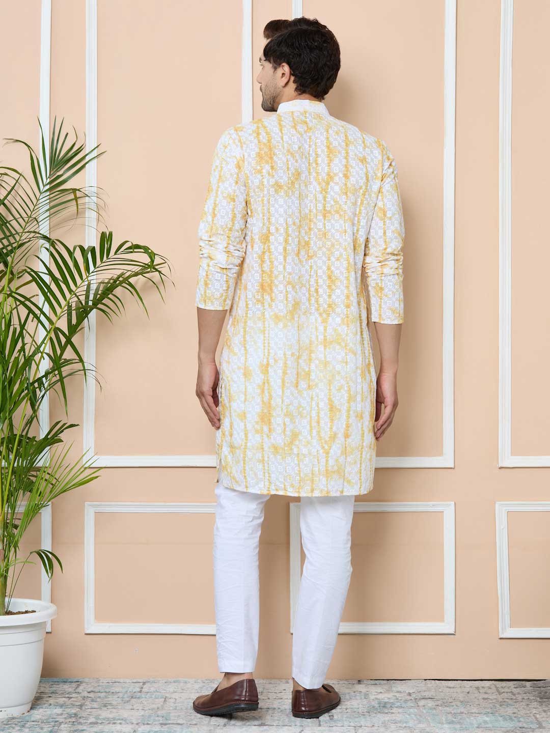Yellow Tie & Dye Printed & Embroidered Cotton Straight Kurta with Pyjama