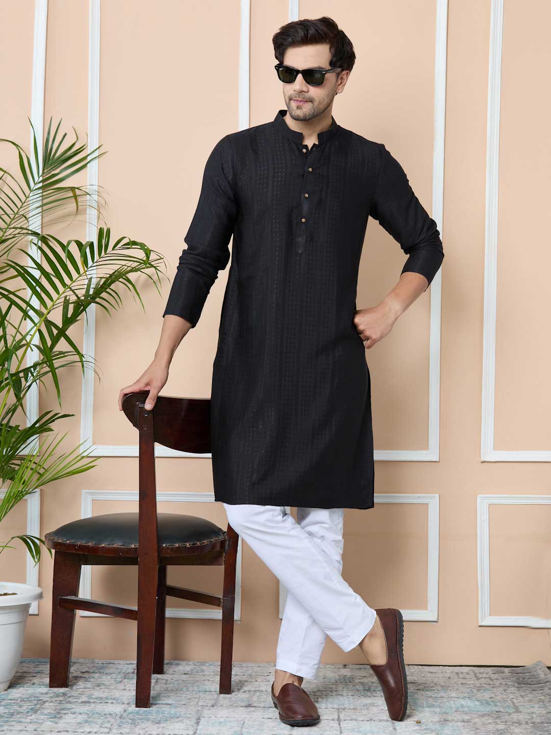 Black Kurta Designs Kurta Pajama For Men Simple Black Jacquard