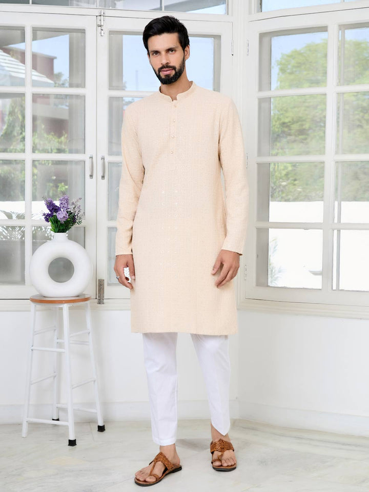 Men Beige Ethnic Motifs Sequins Embroidered Straight Kurta with Pyjama with Pyjama