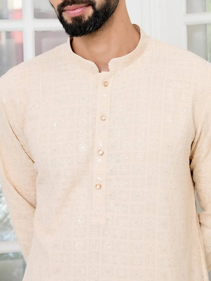 Men Beige Ethnic Motifs Sequins Embroidered Straight Kurta with Pyjama with Pyjama