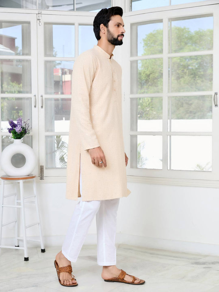 Men Beige Ethnic Motifs Sequins Embroidered Straight Kurta with Pyjama with Pyjama