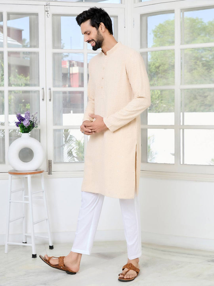 Men Beige Ethnic Motifs Sequins Embroidered Straight Kurta with Pyjama with Pyjama