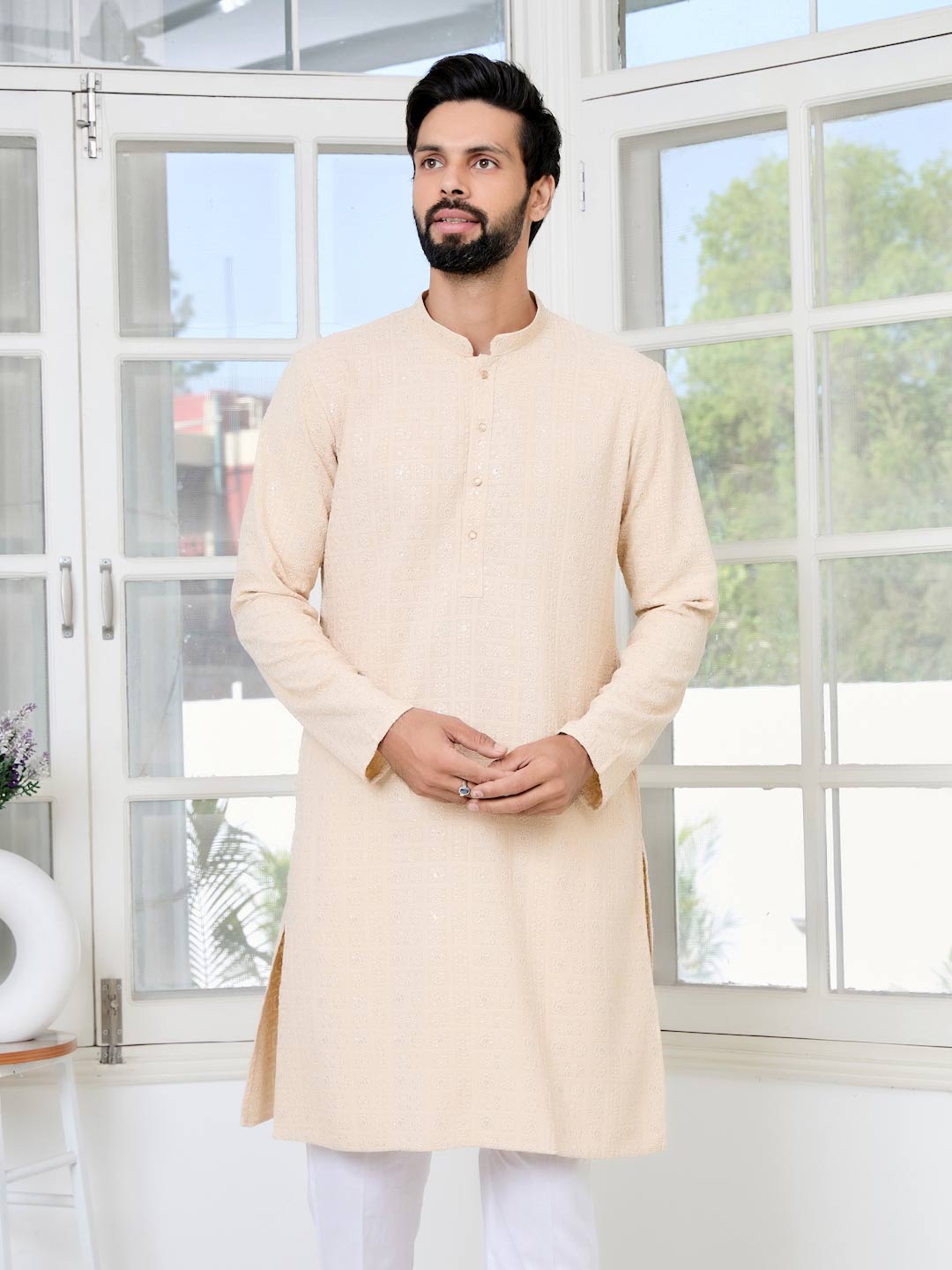 Men Beige Ethnic Motifs Sequins Embroidered Straight Kurta with Pyjama with Pyjama
