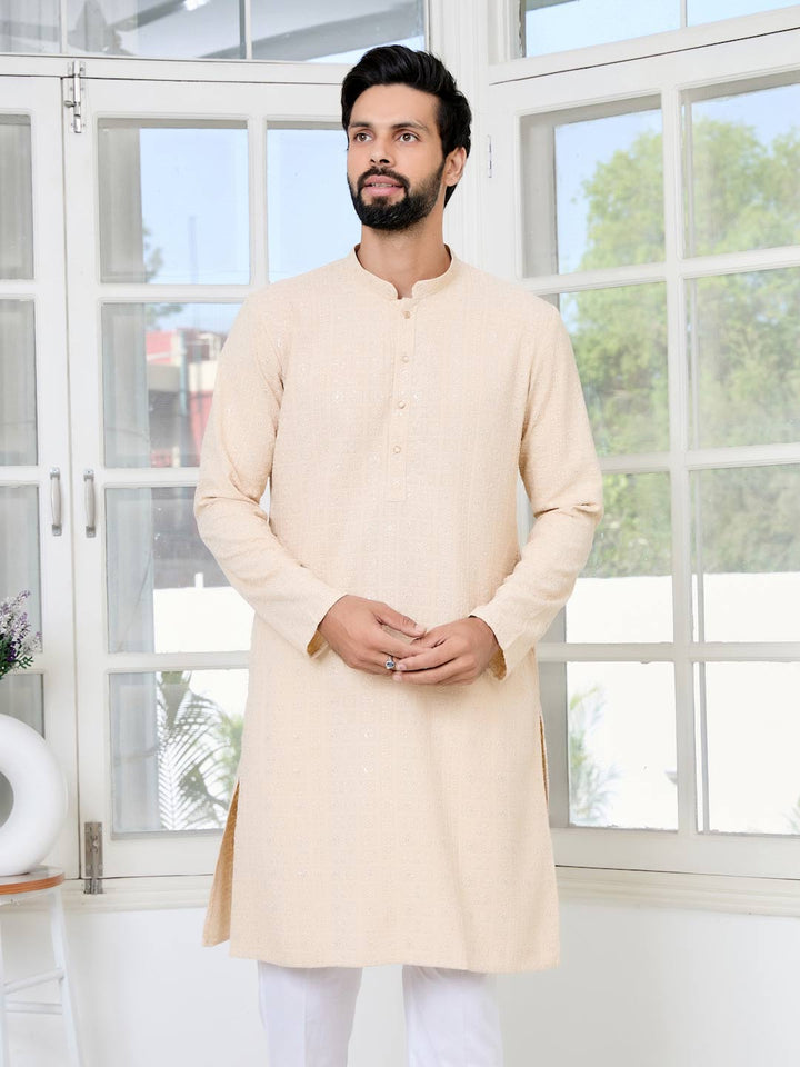 Men Beige Ethnic Motifs Sequins Embroidered Straight Kurta with Pyjama with Pyjama