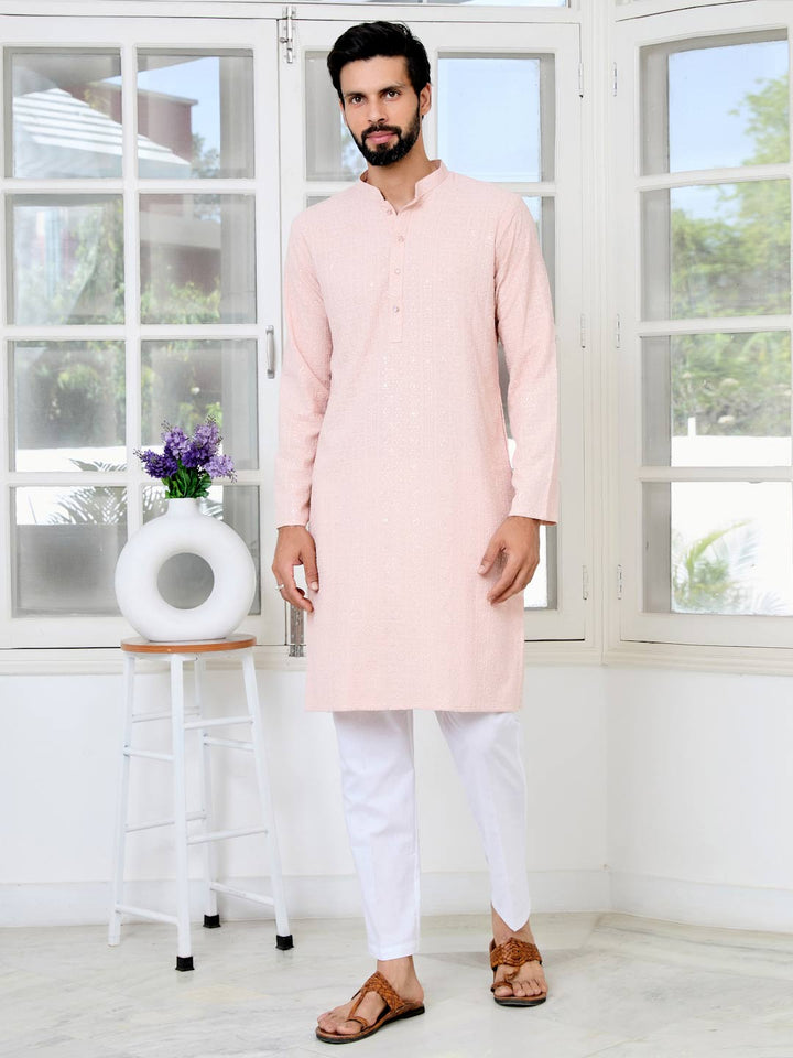 Men Peach Ethnic Motifs Sequins Embroidered Straight Kurta with Pyjama with Pyjama