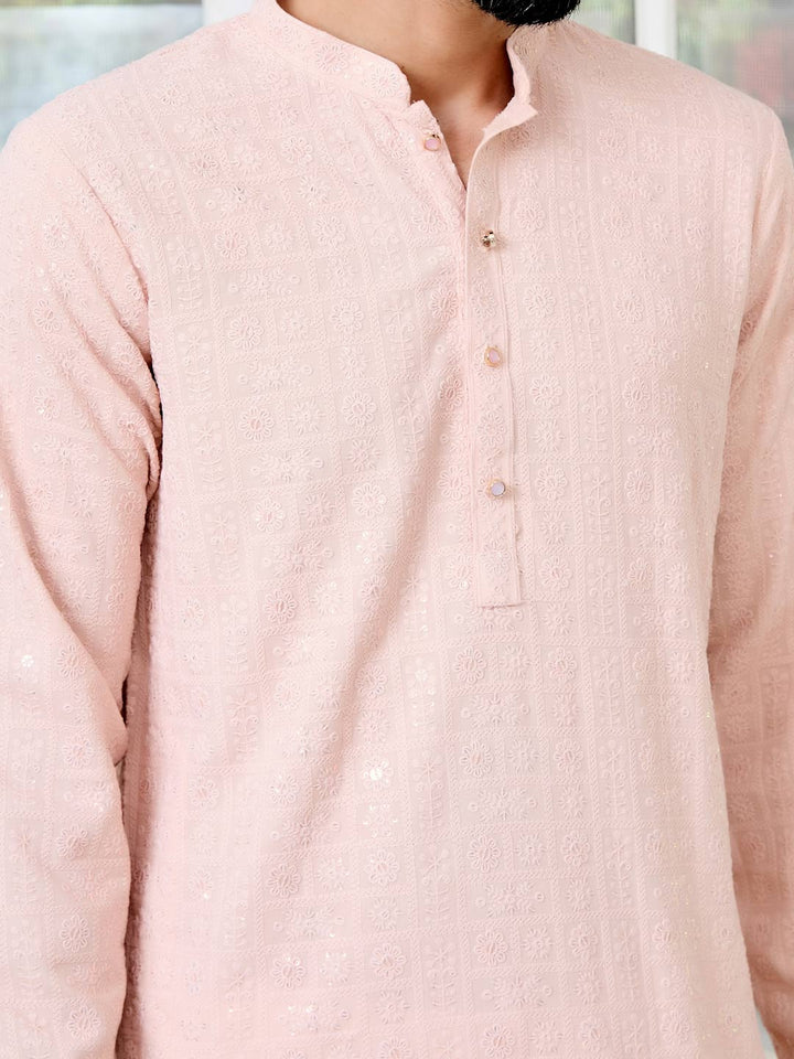 Men Peach Ethnic Motifs Sequins Embroidered Straight Kurta with Pyjama with Pyjama
