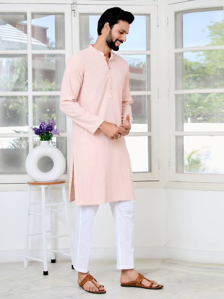 Men Peach Ethnic Motifs Sequins Embroidered Straight Kurta with Pyjama with Pyjama