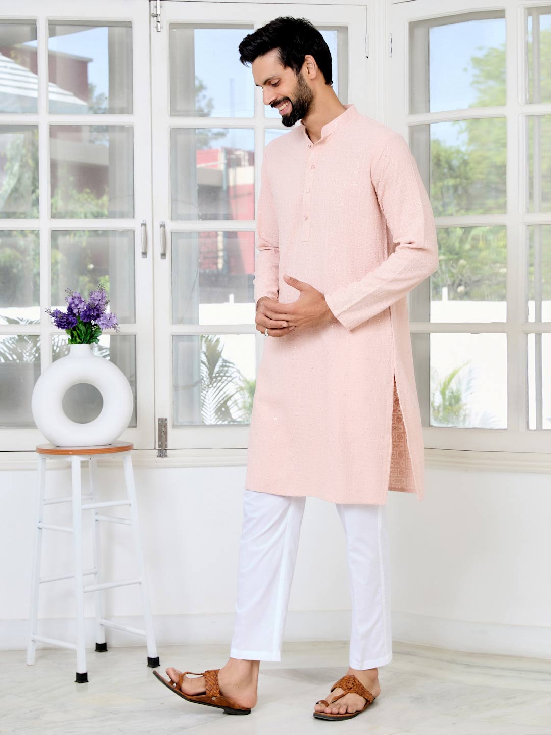Men Peach Ethnic Motifs Sequins Embroidered Straight Kurta with Pyjama with Pyjama