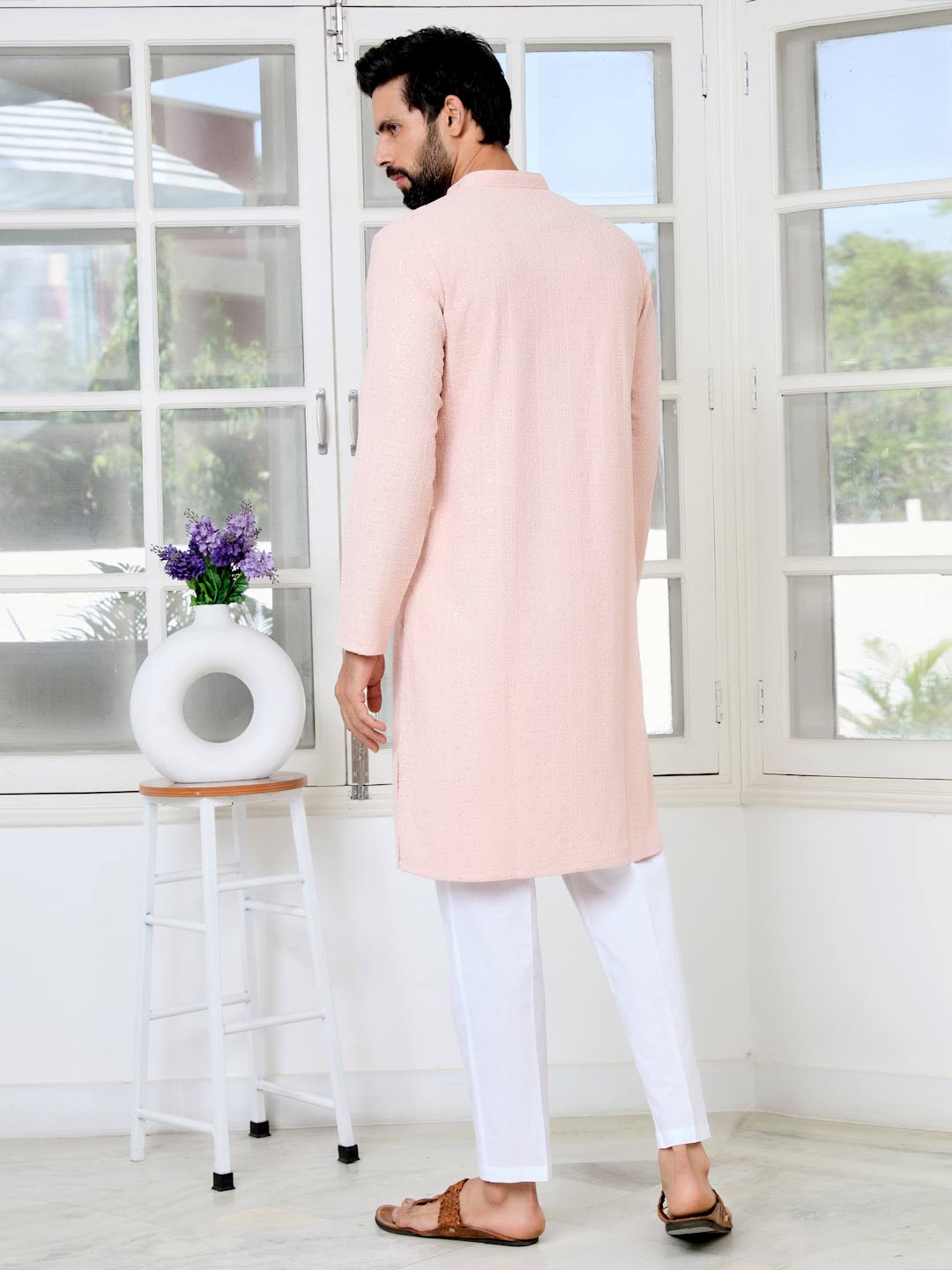 Men Peach Ethnic Motifs Sequins Embroidered Straight Kurta with Pyjama with Pyjama