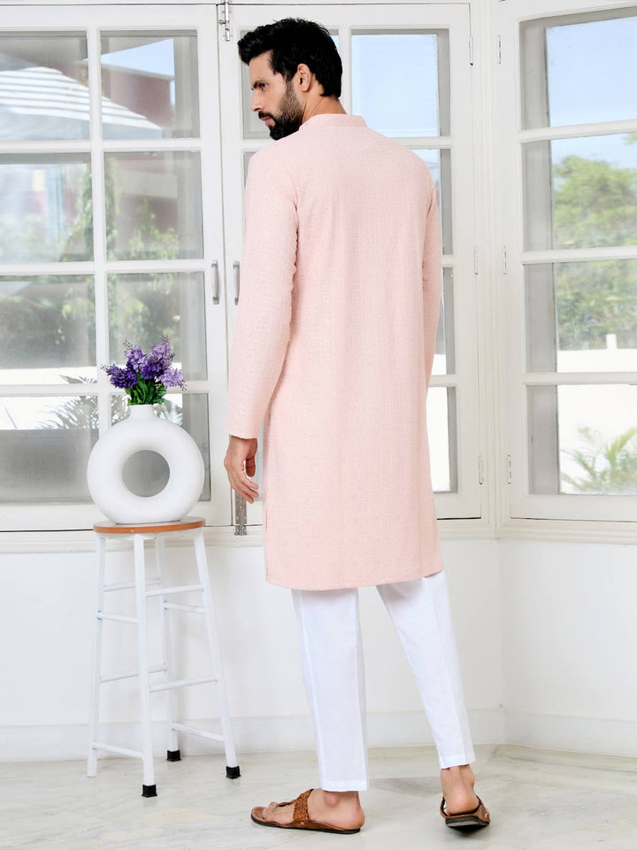 Men Peach Ethnic Motifs Sequins Embroidered Straight Kurta with Pyjama with Pyjama