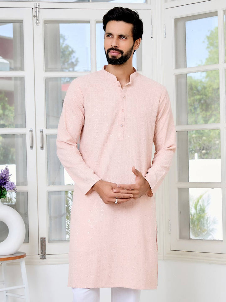 Men Peach Ethnic Motifs Sequins Embroidered Straight Kurta with Pyjama with Pyjama
