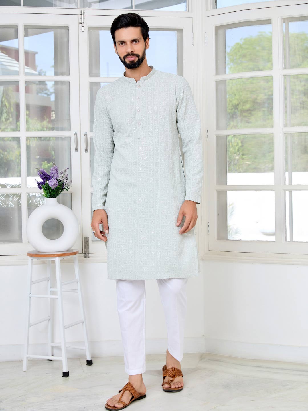 Men Gray Ethnic Motifs Sequins Embroidered Straight Kurta with Pyjama with Pyjama