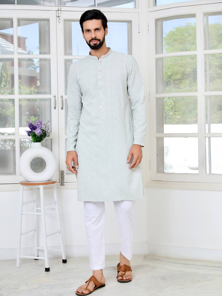 Men Gray Ethnic Motifs Sequins Embroidered Straight Kurta with Pyjama with Pyjama
