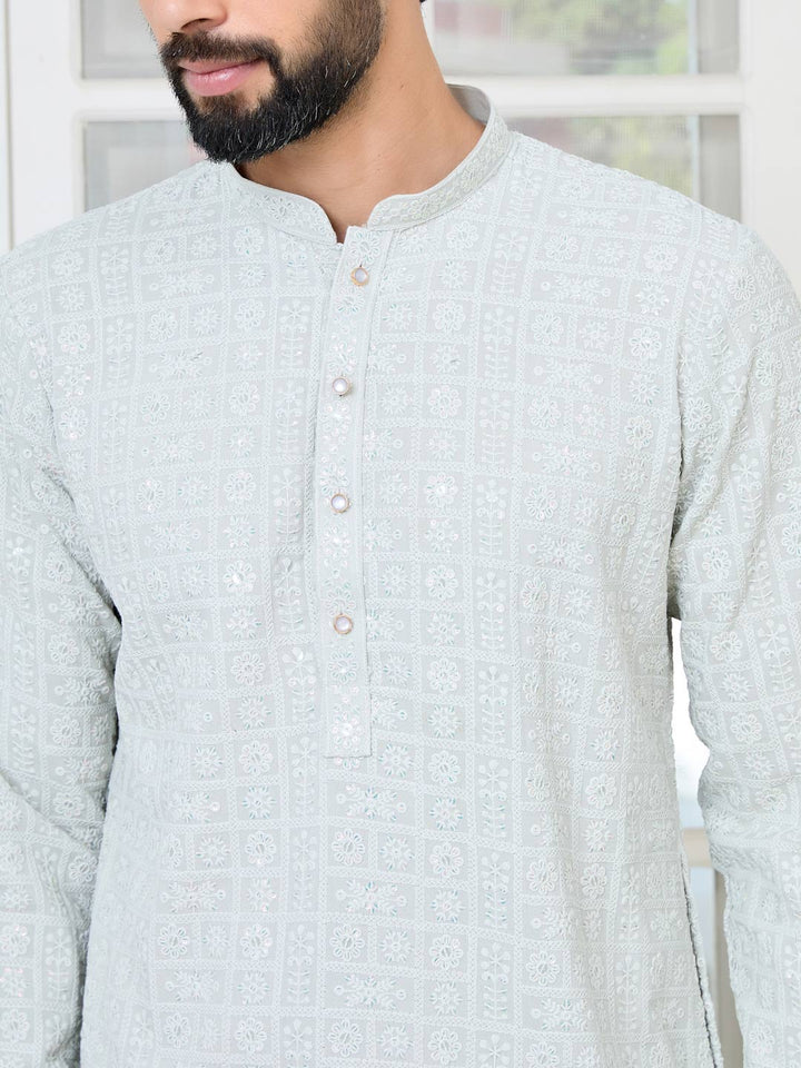 Men Gray Ethnic Motifs Sequins Embroidered Straight Kurta with Pyjama with Pyjama