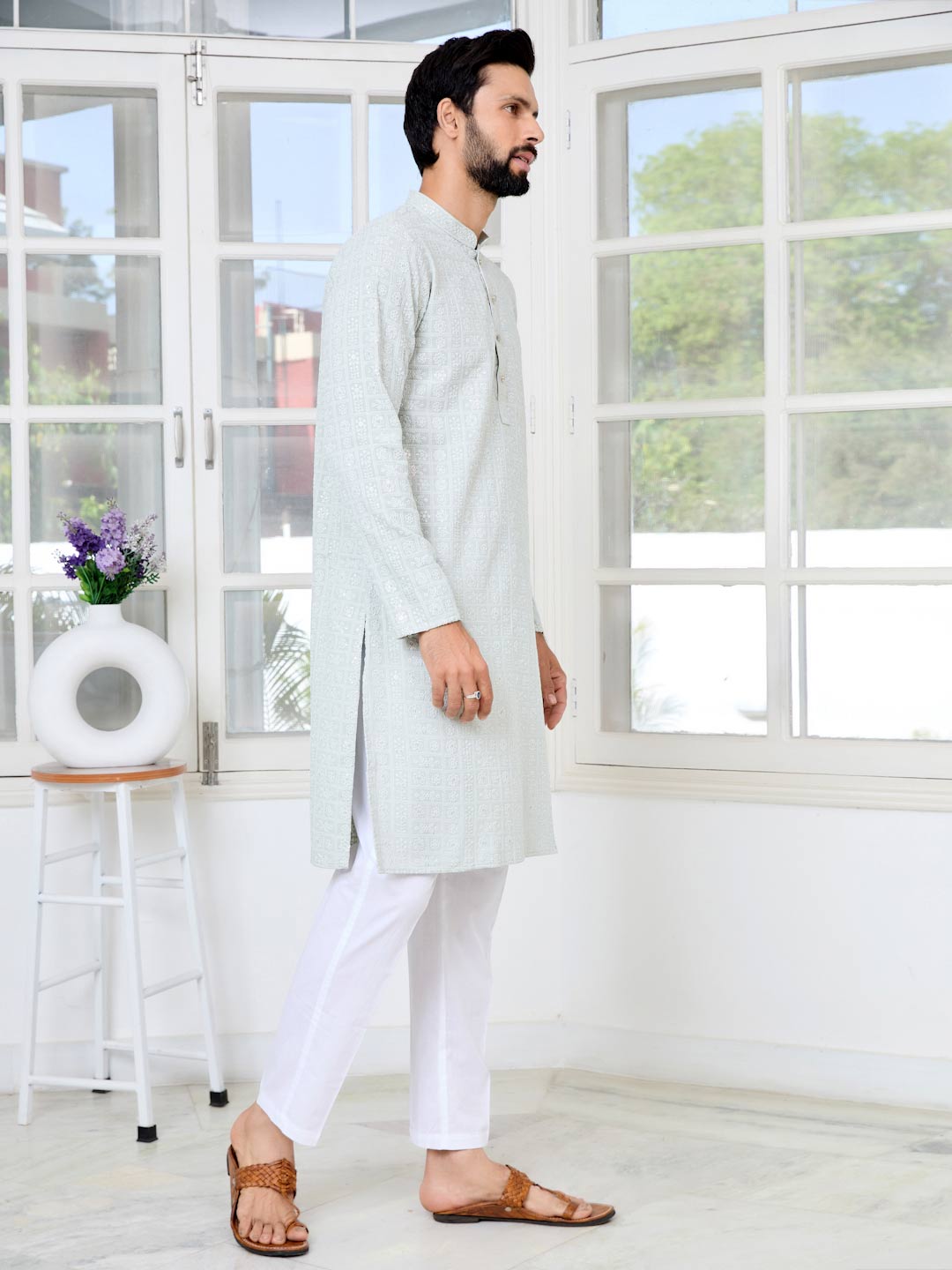 Men Gray Ethnic Motifs Sequins Embroidered Straight Kurta with Pyjama with Pyjama
