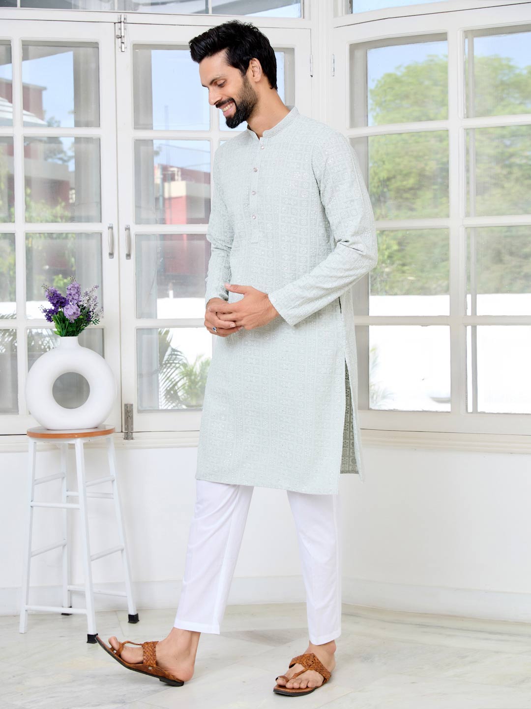 Men Gray Ethnic Motifs Sequins Embroidered Straight Kurta with Pyjama with Pyjama