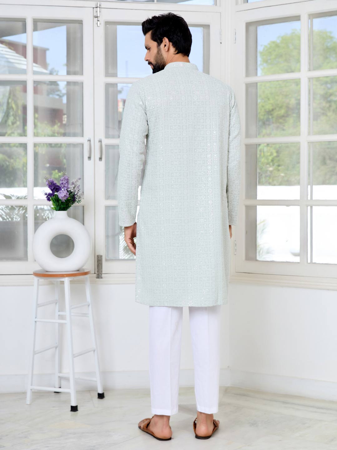 Men Gray Ethnic Motifs Sequins Embroidered Straight Kurta with Pyjama with Pyjama
