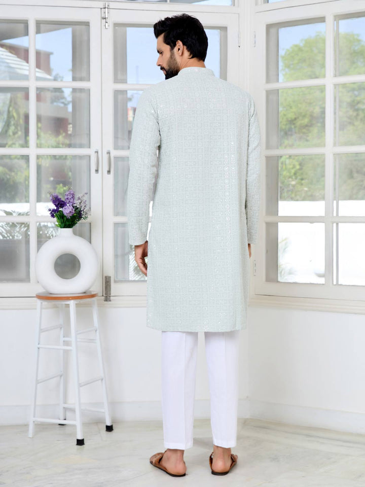 Men Gray Ethnic Motifs Sequins Embroidered Straight Kurta with Pyjama with Pyjama