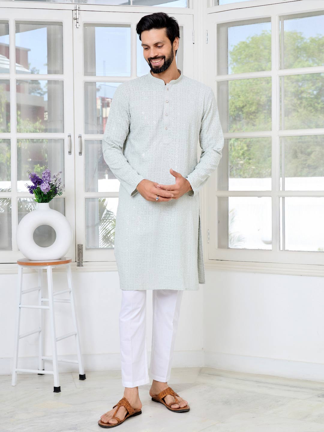 Men Gray Ethnic Motifs Sequins Embroidered Straight Kurta with Pyjama with Pyjama