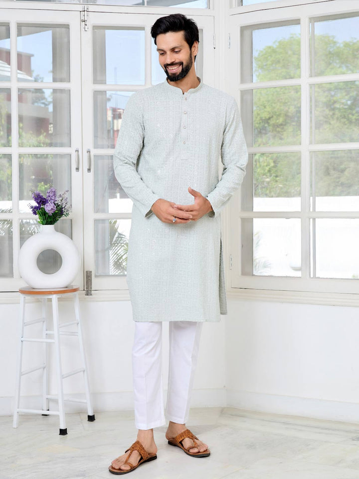 Men Gray Ethnic Motifs Sequins Embroidered Straight Kurta with Pyjama with Pyjama