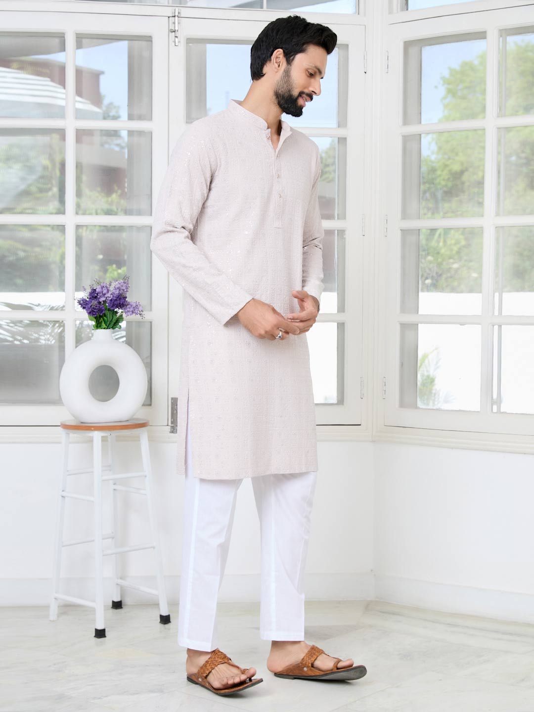 Men Thistle Purple Ethnic Motifs Sequins Embroidered Straight Kurta with Pyjama with Pyjama