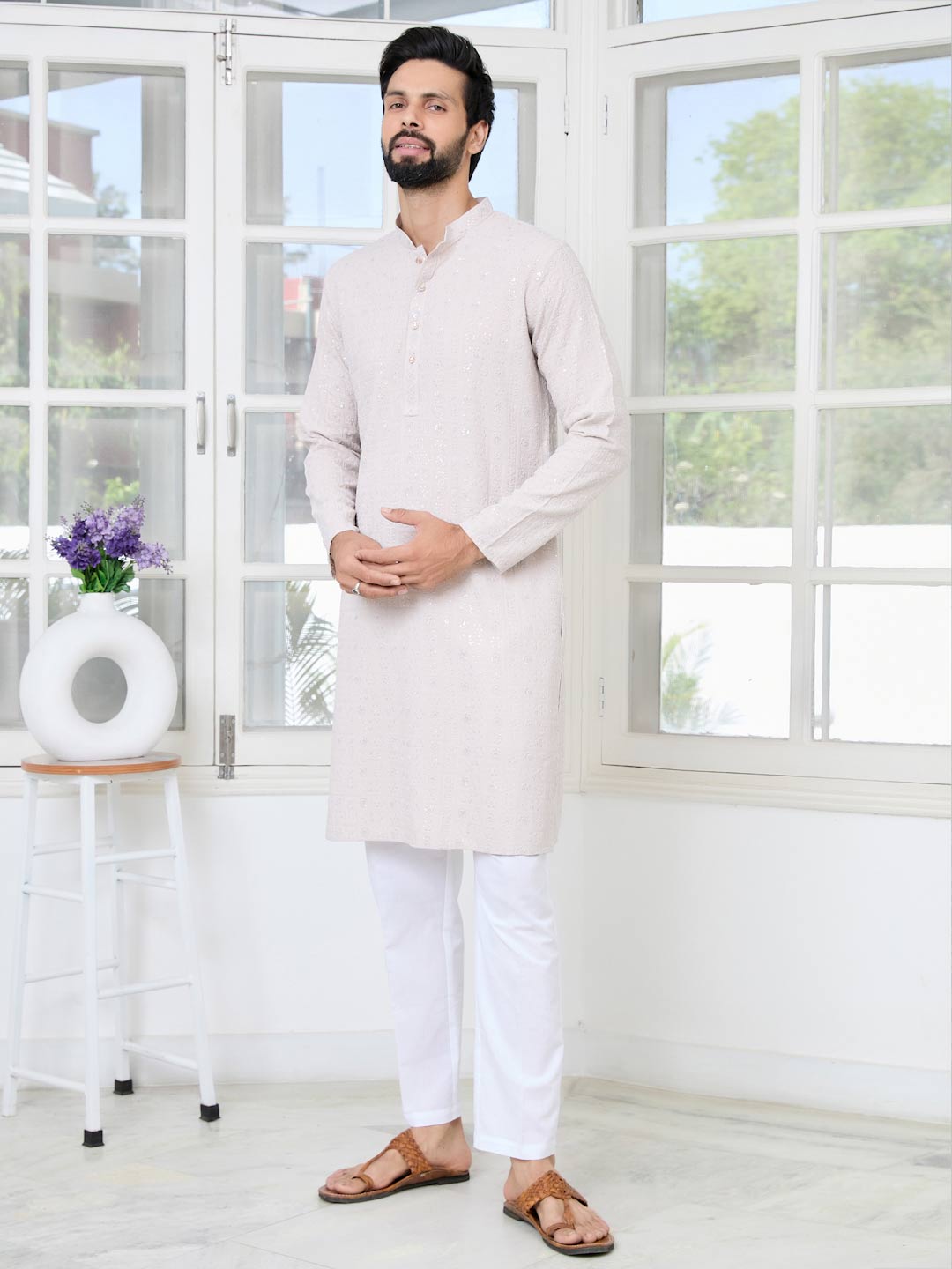 Men Thistle Purple Ethnic Motifs Sequins Embroidered Straight Kurta with Pyjama with Pyjama