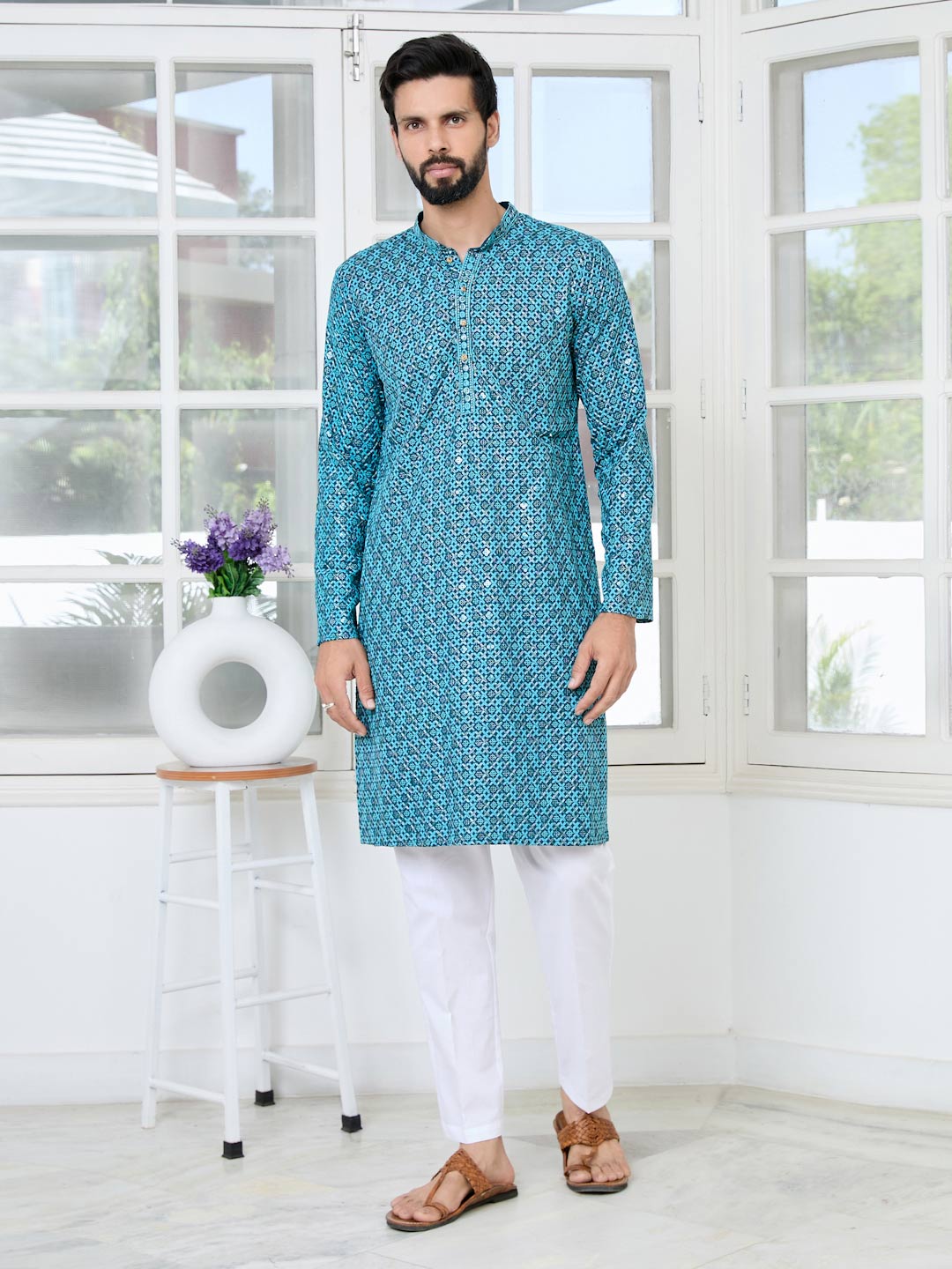 Men Blue Embroidered Straight Kurta with Pyjama with Pyjama
