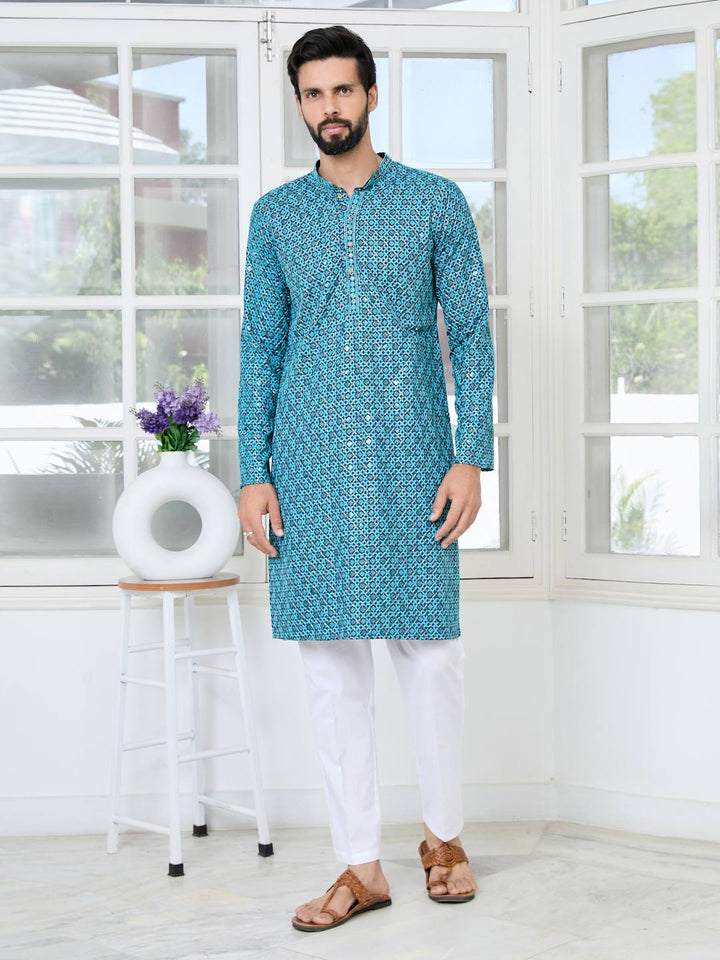 Men Blue Embroidered Straight Kurta with Pyjama with Pyjama