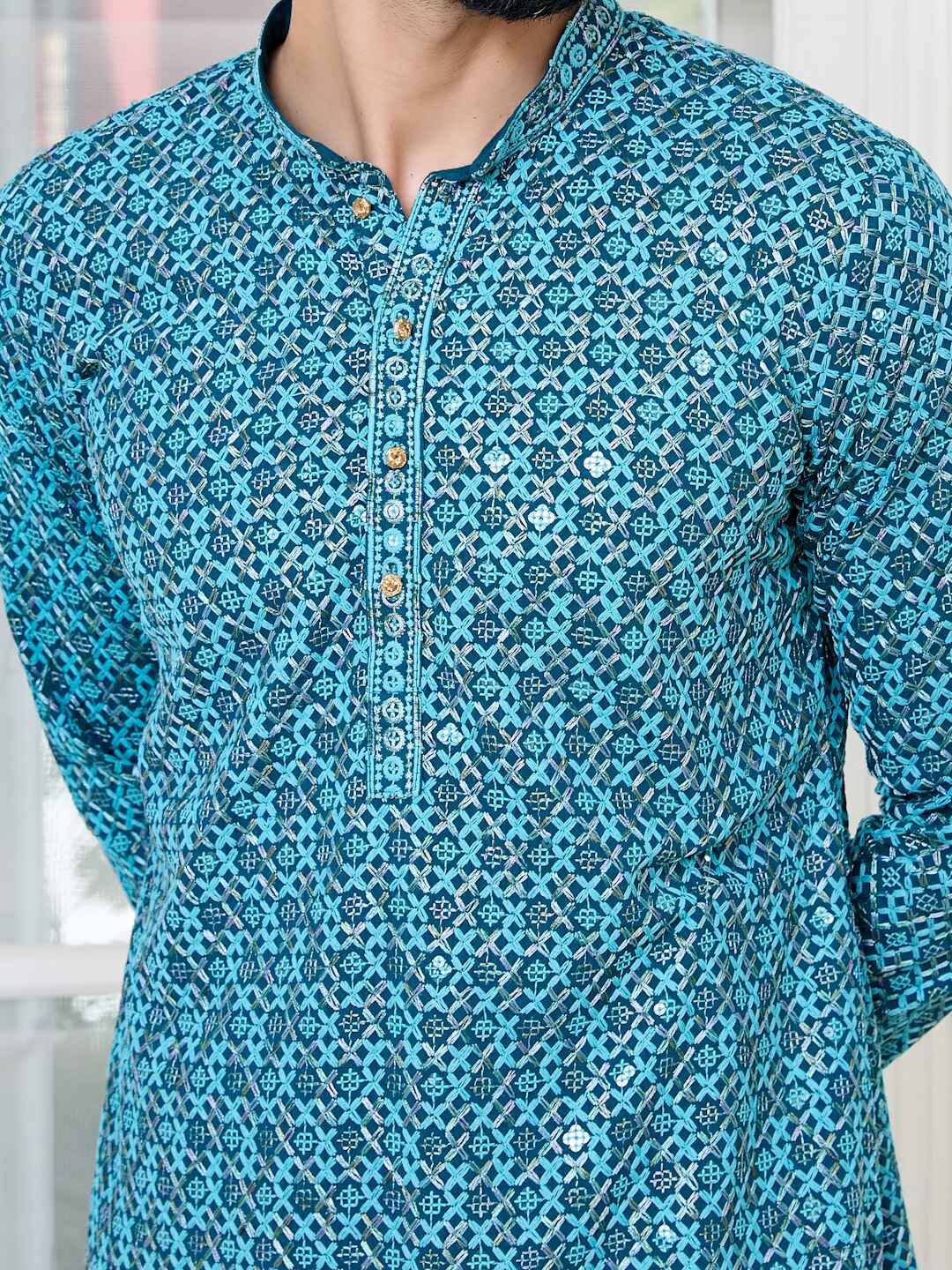Men Blue Embroidered Straight Kurta with Pyjama with Pyjama