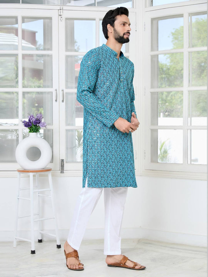 Men Blue Embroidered Straight Kurta with Pyjama with Pyjama