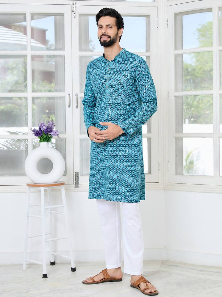 Men Blue Embroidered Straight Kurta with Pyjama with Pyjama