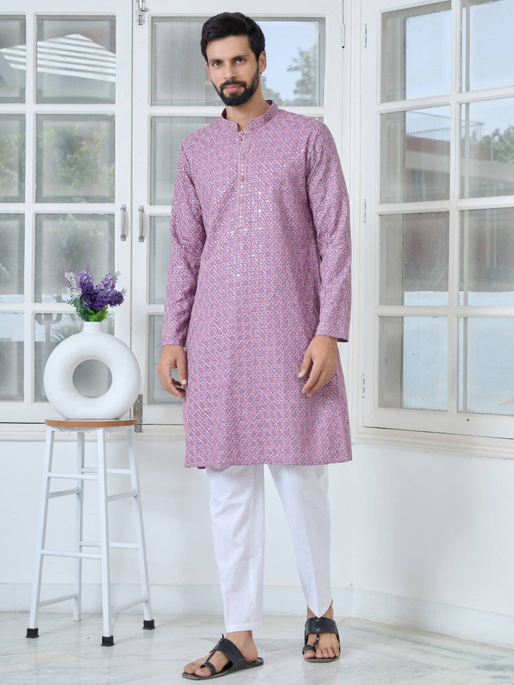Men Purple-Pink Embroidered Straight Kurta with Pyjama with Pyjama