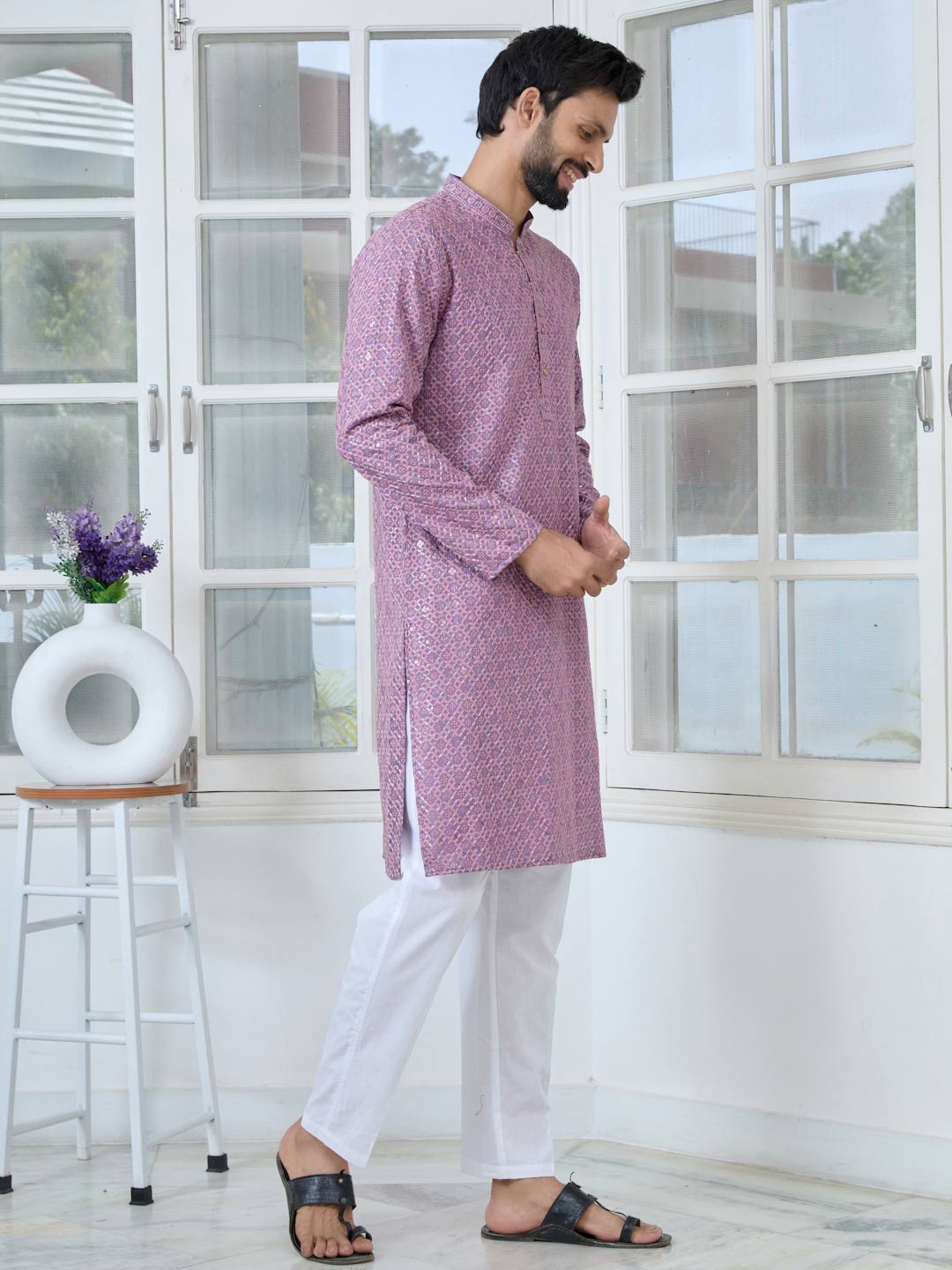 Men Purple-Pink Embroidered Straight Kurta with Pyjama with Pyjama