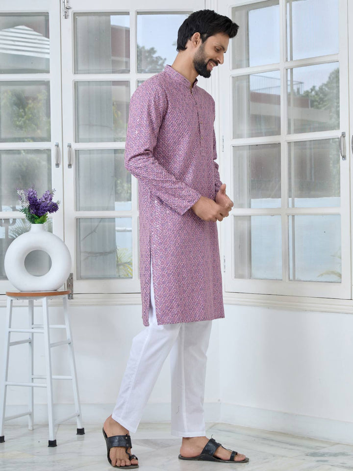 Men Purple-Pink Embroidered Straight Kurta with Pyjama with Pyjama