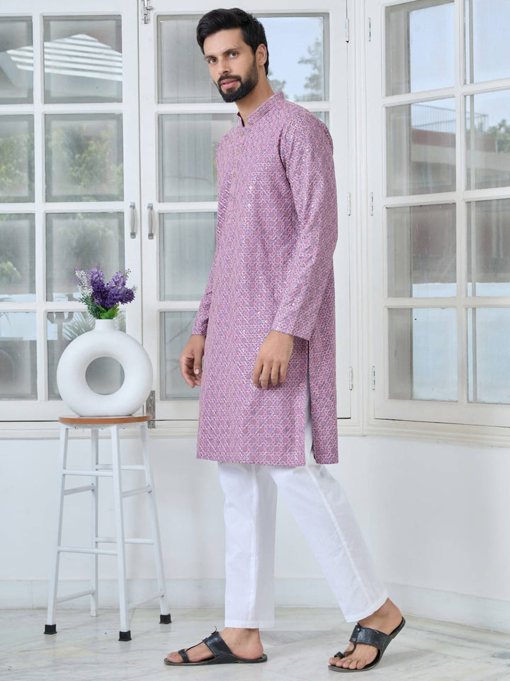Men Purple-Pink Embroidered Straight Kurta with Pyjama with Pyjama